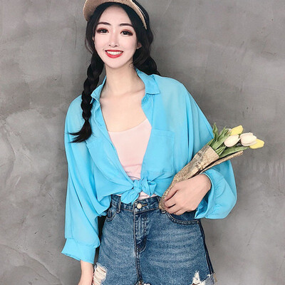 

Chiffon Drawstring Bandage Cover Up Blouse Thin Sunscreen black Loose Casual long Sleeve Open Stitch Shirt Tops Lady