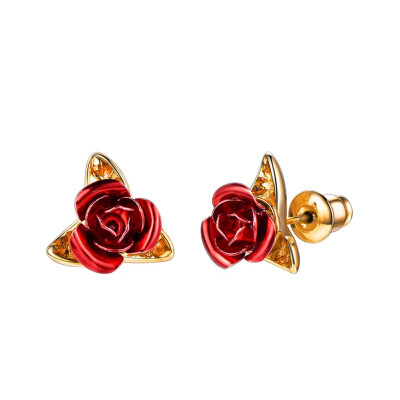 

Cute Red Rose Metal Flowers Stud Earring For Women Lady Romantic Gift Brincos Wedding Earrings Party Jewelry bijoux