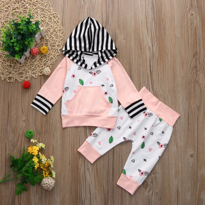 

2PC Toddler Baby Floral Leaves Striped Clothes Hooded BlousePants Set Outfits