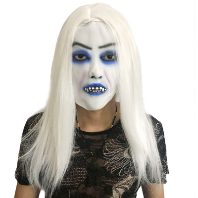 

Women Girl Pullover Horror Mask White-haired Witch Mask Halloween Cosplay Costume Props