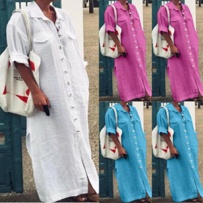 

US Womens Long Maxi Dress Stand Collar Button Down Shirt Maxi Dress Long Sleeve