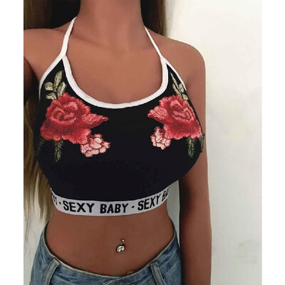 

Women Sexy Vest Crop Top Floral Embroidery Letter Print Halter Sleeveless Bralette Bustier Lingerie Tank Top