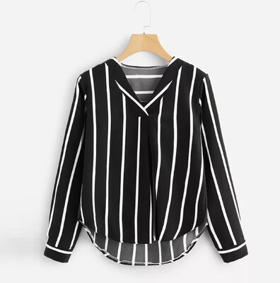 

Nomeni Women Casual Autumn Long Sleeve V Neck Irregular Stripe Shirt Blouse
