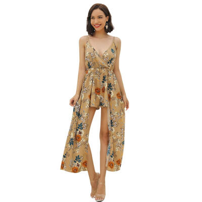

Floral Print Jumpsuit Women Sling High Waist Sleeveless Belt Short Playsuit