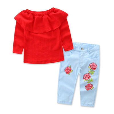 

2PCS Toddler Kids Baby Girls Off Shoulder T-shirt TopsDenim Pants Jeans Clothes