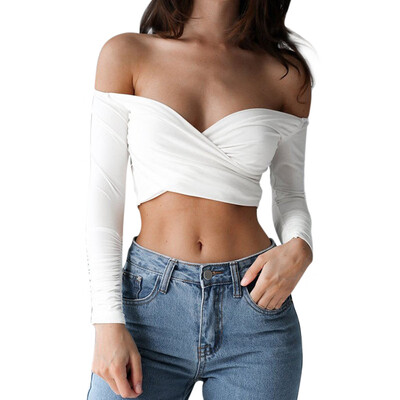 

Women sexy Deep V neck Tops Cross Long Sleeve Lady Girl Crop Tops Off the Shoulder t -shirt Summer Tops Female