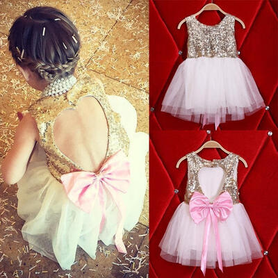 

Sequins Baby Girl Dress Party Gown Formal Bridesmaid Dresses Tulle Tutu Bow Backless Dress