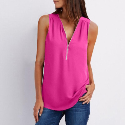 

New Women Loose Vest Tank Top V-Neck Sleeveless Zipper Casual Chiffon Shirt Top Pullover