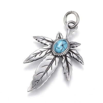 

316 Stainless Steel Pendants with Synthetic Turquoise Maple Leaf Antique Silver 425x28x5mm Hole 6mm