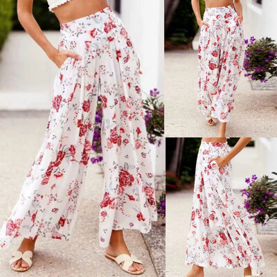 

Women High Waist Printing Bohemia Elastic Waist Casual Pants Wide Leg Pants