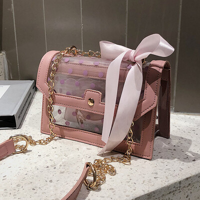 

Crossbody Bag 2019 New Fashion Dot Cute Scarf Bow Clear Women Messenger Bag Transparent Flap PU Leather Lady Chain Shoulder Bags
