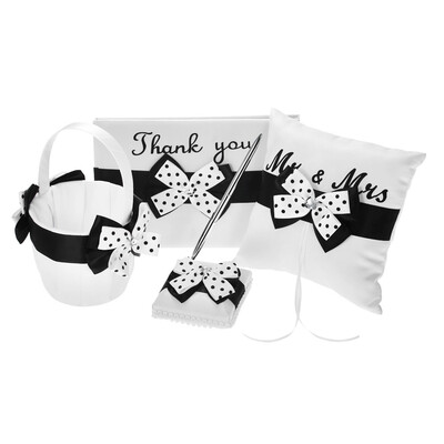 

4pcsset Wedding Supplies Satin Flower Girl Basket Ring Bearer Pillow Guest Book Pen Holder Set with White Black Bowknot Dec