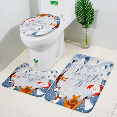 

Gobestart Christmas Print Toilet Bathroom Mat Three-Piece Floor Mat Carpet Set