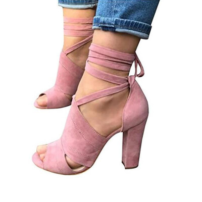 

2018 spring new Korean version of suede fish mouth side empty ankle cross strap high thick with ladies large size sandals ArmyGree