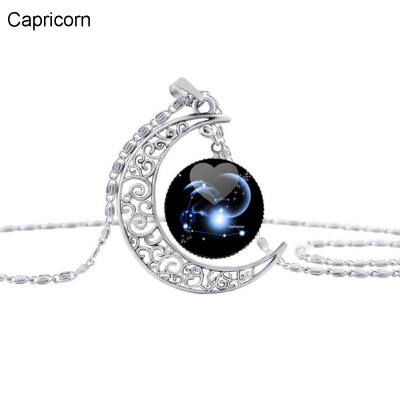 

Fashion Unisex Party Jewelry 12 Constellation Faux Gem Hollow Moon Necklace