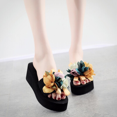 

Rose Fashion Women Slip-on Open Toe Wedges Heels Causal Flower Slipper Slides Shoes
