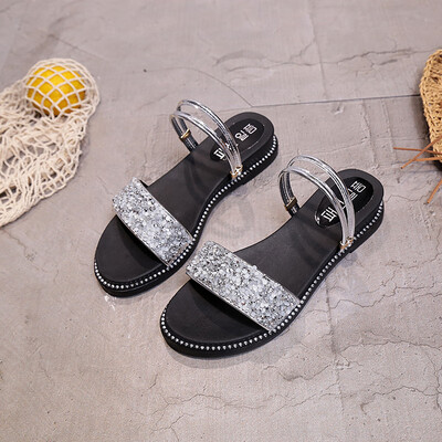 

Sandals Female Spring&Summer Flat Bottom Two Sandals Female Student Chic Baitai Korean version of medium heel shoes