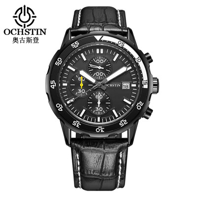

Augustus multi-function mens watch three eyes six-pin quartz watch business casual belt mens sports waterproof
