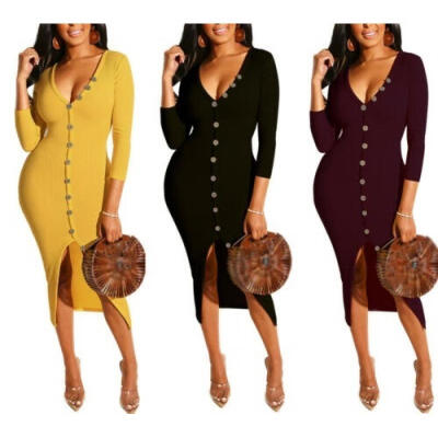 

Womens Bodycon Dress Off Shoulder Long Sleeve Button Evening Cocktail Party Club