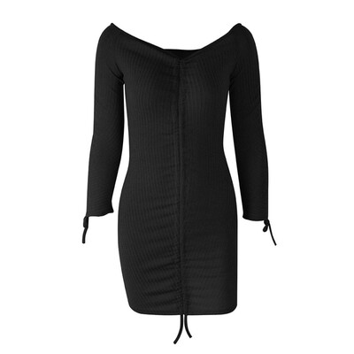 

Autumn And Winter Pit Sexy Bag Hip Long Sleeve Dress Long Skirt Solid Color Slash Neck Drawstring Knit Dress