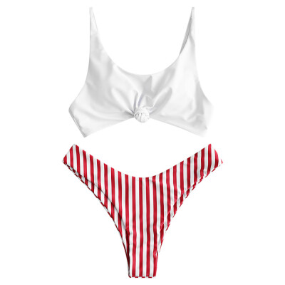 

Scoop Neck Backless Vertical Stripe Low Waist Two-piece Swimsuit Women Bikini Set