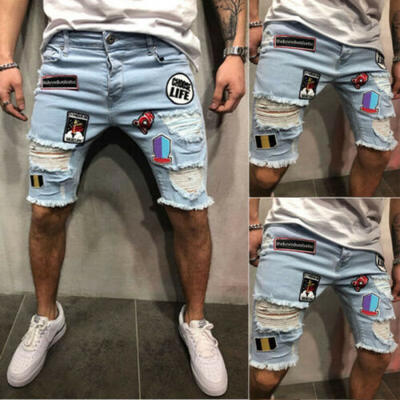 

UK Men Jeans Short Pants Denim Skinny Ripped Frayed Slim Fit Biker Work Trousers