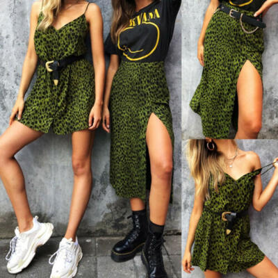 

New Women Leopard Print Button Sleeveless Mini Dress Summer Split Short Skirt UK