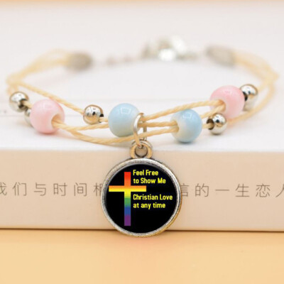 

New Hand Make Bead Cross Gay Pride Rainbow Ceramics Pendent Bracelet Jewelry