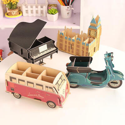 

1PC DIY Creative Piano Motorcycle Bus Big Ben Pen Holder Wooden Storage Box
