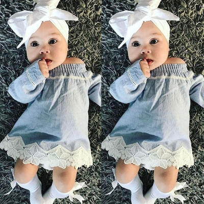 

Infant Newborn Baby Girl Lace Off Shoulder Denim Dress Party Princess Hoilday Dresses