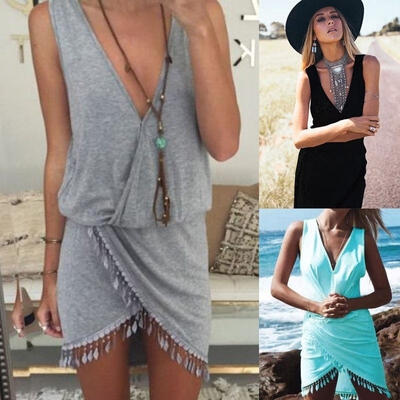 

Sexy Women Summer Casual Sleeveless Tassel Evening Party Beach Dress Short Mini Dress 4Colors