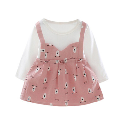 

Baby Girl Dress 0-3T Fashion Cute Cartoon Bear Print Fake Two-piece Dress New Autumn Round Neck Long-sleeved Girls Dress
