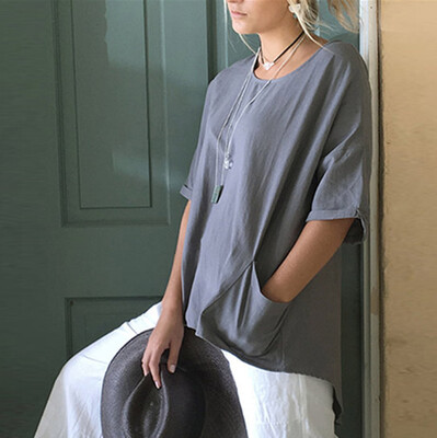 

Starmoon Women Casual Summer Irregularity O-Neck Short Sleeves Pocket Top T-Shirt Blouse