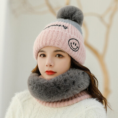 

Manufacturers directly for Ms Autumn&Winter warm neck knitted hat smiling face wool hat matching color fashion suit headgear