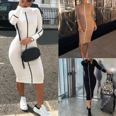 

Women Long Sleeve Bodycon Midi Dress Ladies Summer Casual Stretch T shirt Dress