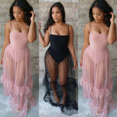 

Summer Sexy Womens See-through Mesh Sheer Maxi Dress Tulle Lace Long Dress US