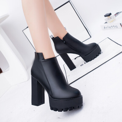 

European&American Winter Super High-heeled Round-toed Shoes Waterproofing Platform Black Single-shoe Leather Shoes Rough-heele