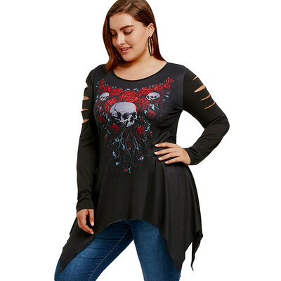 

Skull Rose Print Plus Size Ripped Handkerchief T-shirt