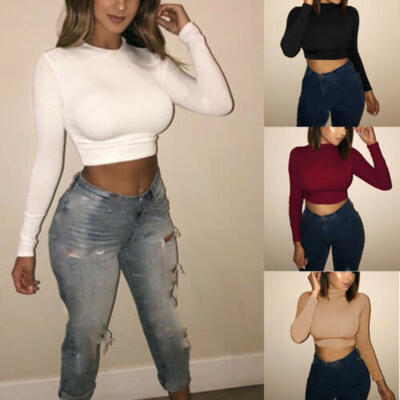 

Women Lady Crop Tops Long Sleeve Shirts Solid Stretchy Casual Slim Fitted Blouse
