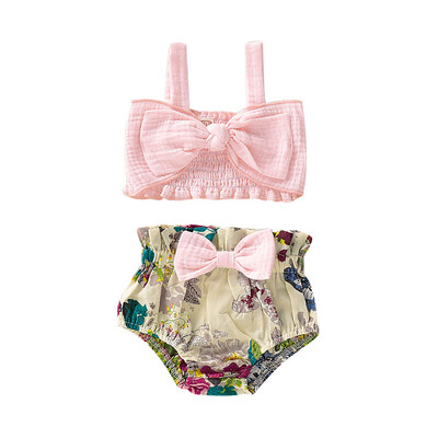 

2PCS Newborn Baby Girl Summer Bow Sling Tops Shorts Pants Clothes Outfits Set