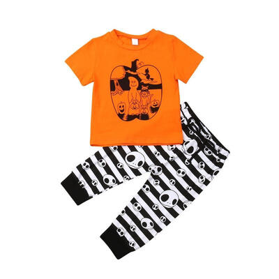 

Baby Boy Halloween Costume Clothes Set Short Sleeve Pumpkin TopsStriped Ghost Pants 2Pc Toddler Halloween Outfit