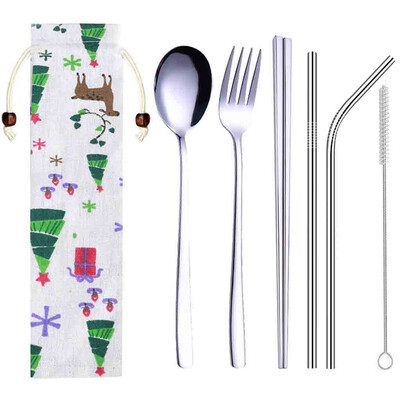 

Toponeto Stainless Steel Dinnerware Set Metal Straw Spoon Fork Chopsticks Tableware 6 Pcs