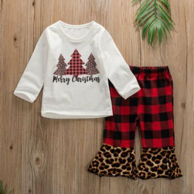 

2019 Christmas Newborn Kids Baby Girls Tops Plaids Long Pants Outfits 2pcs Set