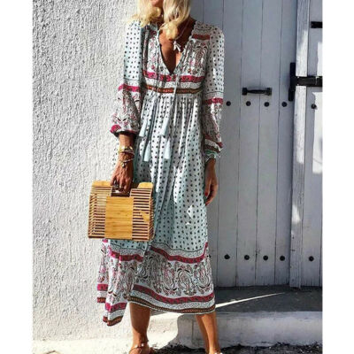 

Boho Womens Maxi Dress Ladies Summer Long Sleeve Long Kaftan Sundress Plus Size