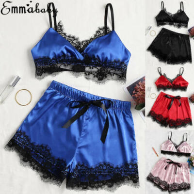 

Womens Satin Lace Pajamas Crop Bra TopsShorts Lingerie Bridesmaid Sleepwear