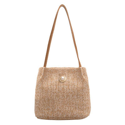 

Pearl Silk Decor Shoulder Handbags Women Woven Top-handle Bags Beach Totes