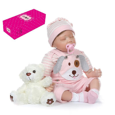 

Decdeal Reborn Baby Doll 22 inch Cloth Body Awake Lifelike Toddler Silicone Doll Play House Toy Gift with Grey&Blue Dog Clothe