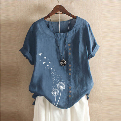 

Roseonmyhand Plus Size Women Short Sleeve Cotton Linen O-Neck Print Blouse Top T-Shirt