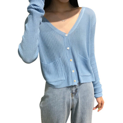 

Fashion Casual Solid Long Sleeve V-Neck Thin Blouse Sun Protection Button Up Knitted Cardigan