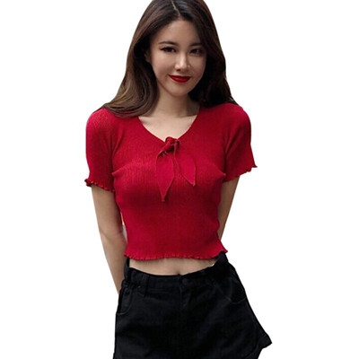 

Summer Female Harajuku T-shirt Sexy V Neck Solid Short Sleeve tshirt Knitted t shirt Women with Bow